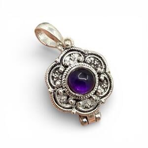 Poison Box Locket Purple Amethyst Cabochon White Metal Pendant No Chain